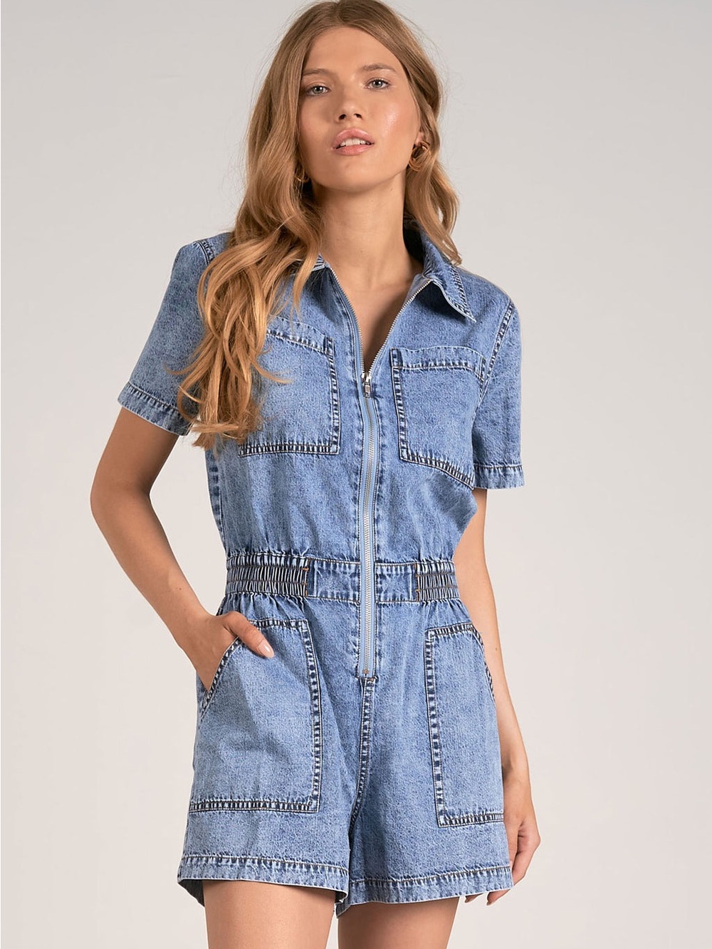 Elan denim short sleeve zip front romper